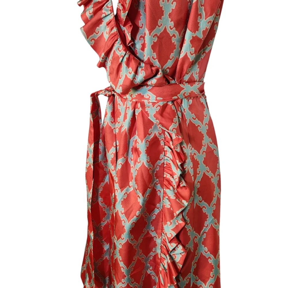 kate spade Coral and White Ruffle Wrap Dress